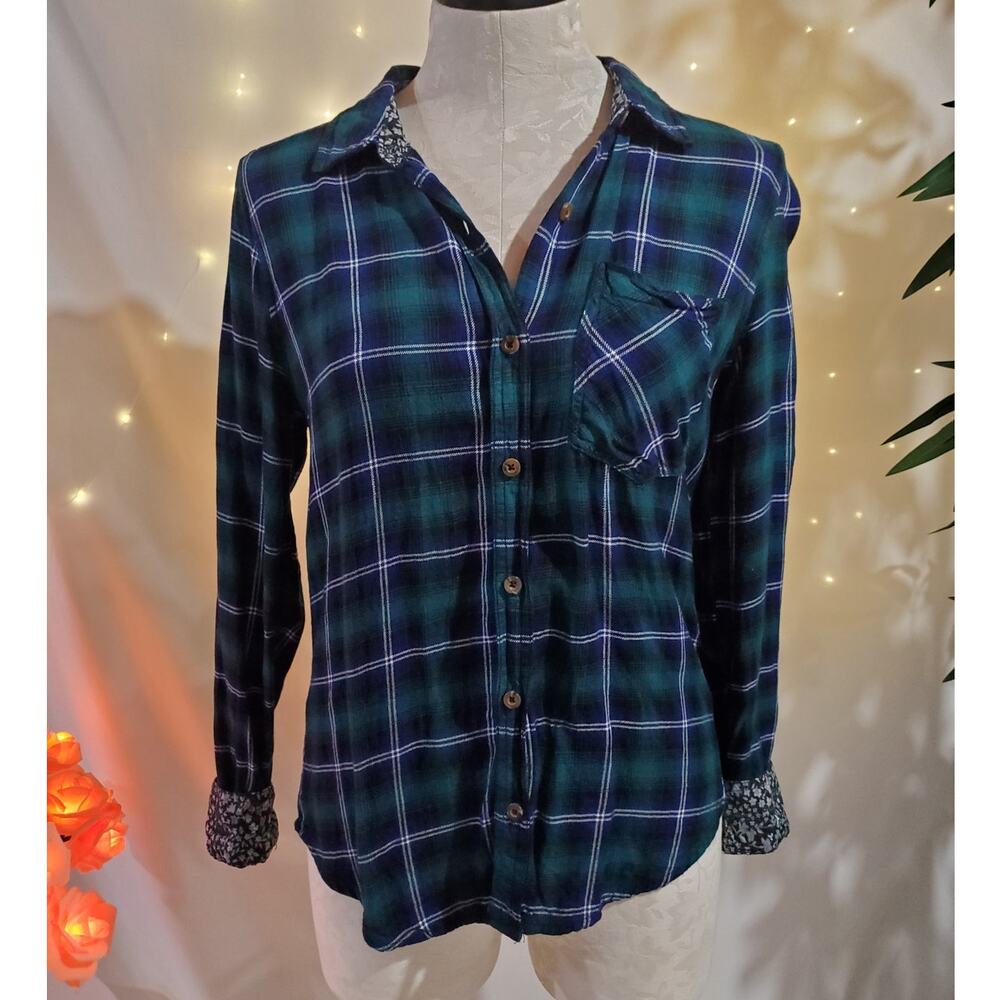Forever 21 Scotch Plaid Floral Button Up Shirt Blue Green Womens Size S Soft